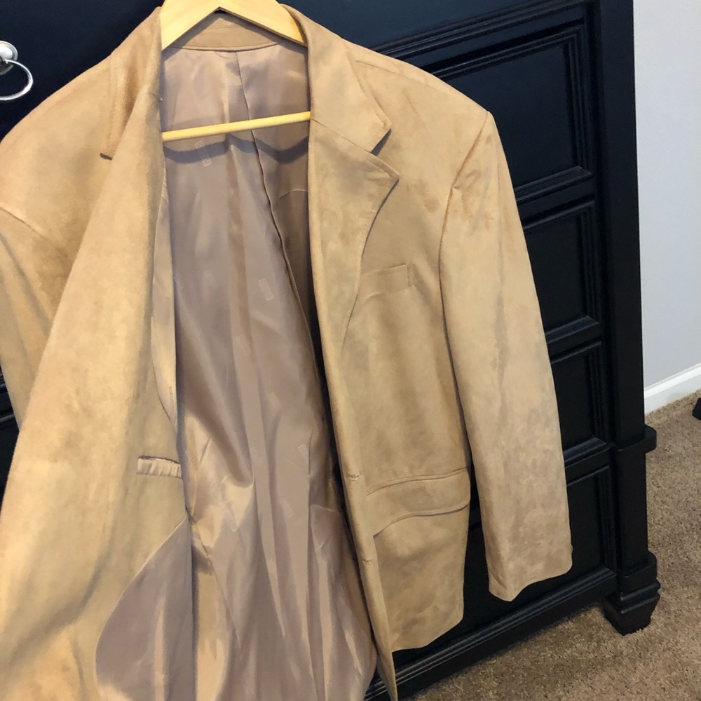 Tailor made suede (tan) blazer.  Made in Bahrain with Boss lining.